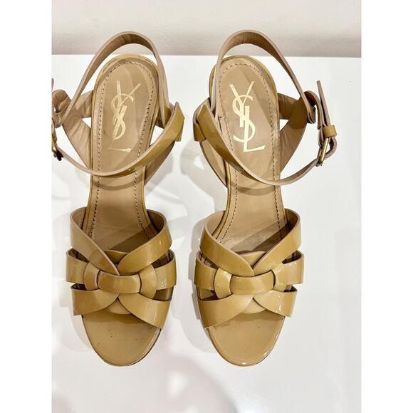 Yves Saint Laurent Tribute Patent Leather Ankle Strap Platform Sandals Nude 36.5 - Picture 1 of 6